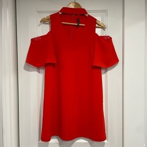 Orange V-neck and ruffle off-the-shoulder sleeve mini dress